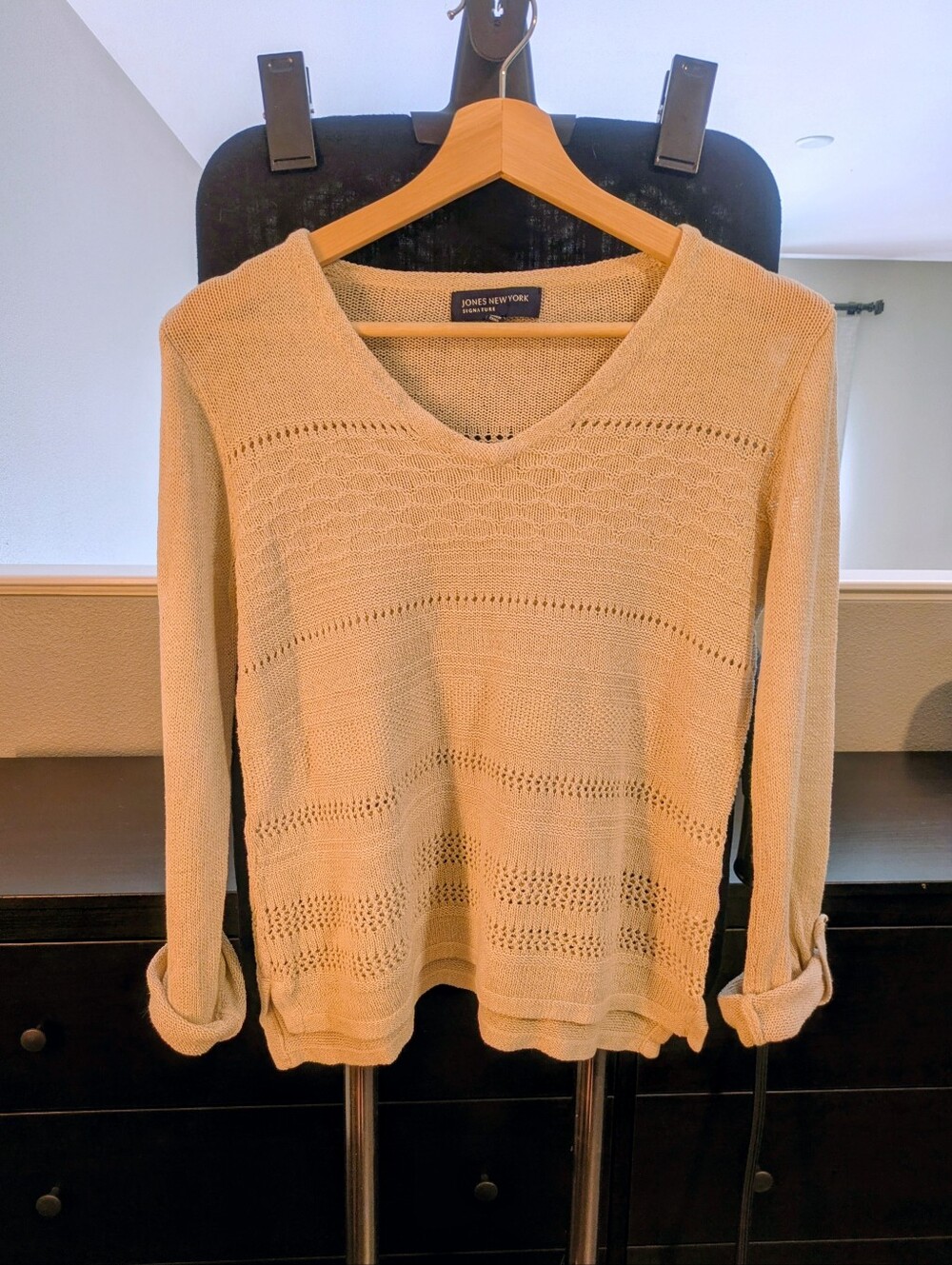 Jones New York Khaki V-Neck Open-Knit Sweater